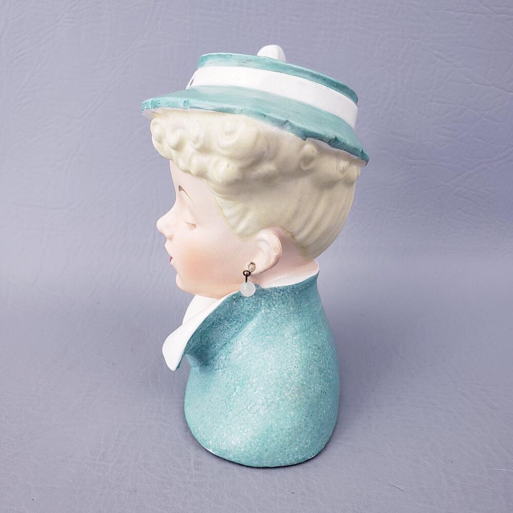 Vintage 1959 Napco Lady Head Vase C3959C Lucille Ball Lucy Aqua Hat 5" Japan - Picture 4 of 13